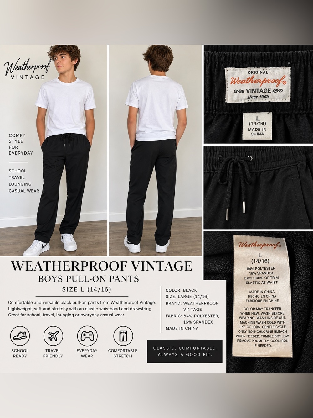 Weatherproof Vintage Boys XL 16–18 Black Stretch Pull-On Pants